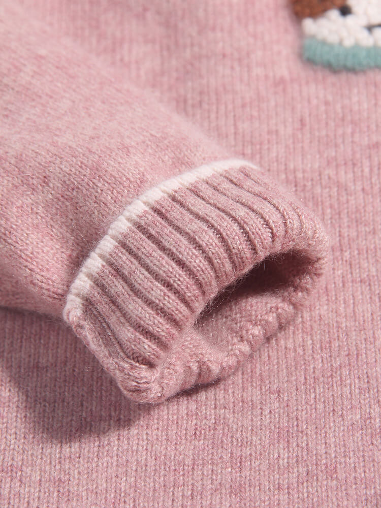 Girls Pink Cashmere Sweater with Puppy Patch and Ruffle Lace Hem